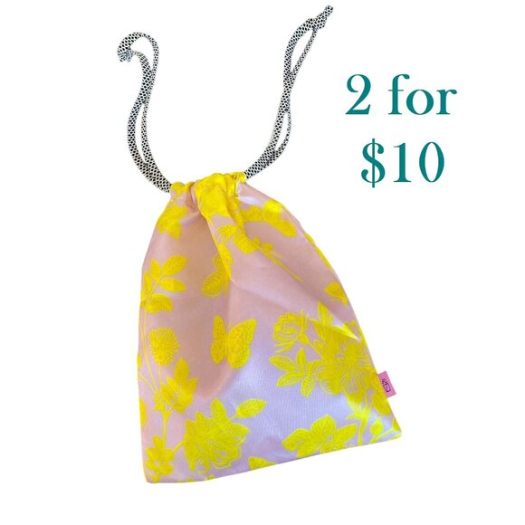 Floral Drawstring Silky Pouch Bag With Yellow Butterfly and Flower Print 8" x 9" - Picture 1 of 6